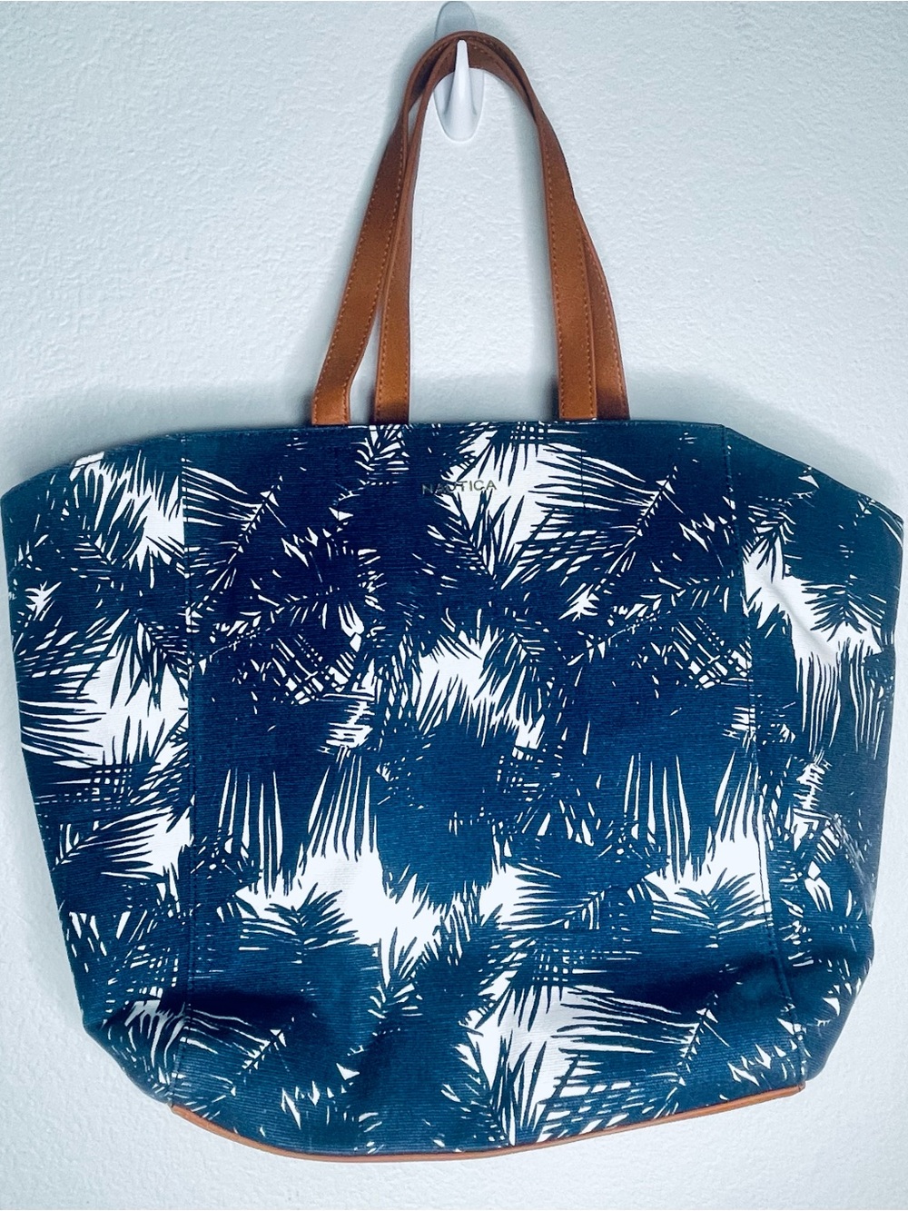 Nautica Navy and White with Leather look handles and bottom large tote bag